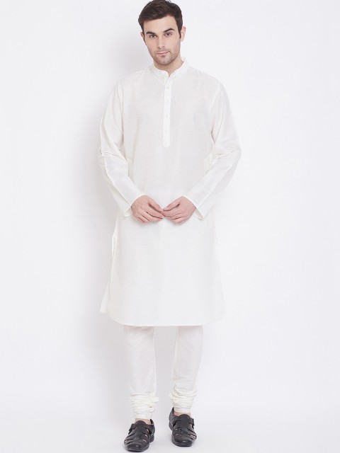 

Tulsattva Men Cream-Coloured & White Solid Kurta with Churidar
