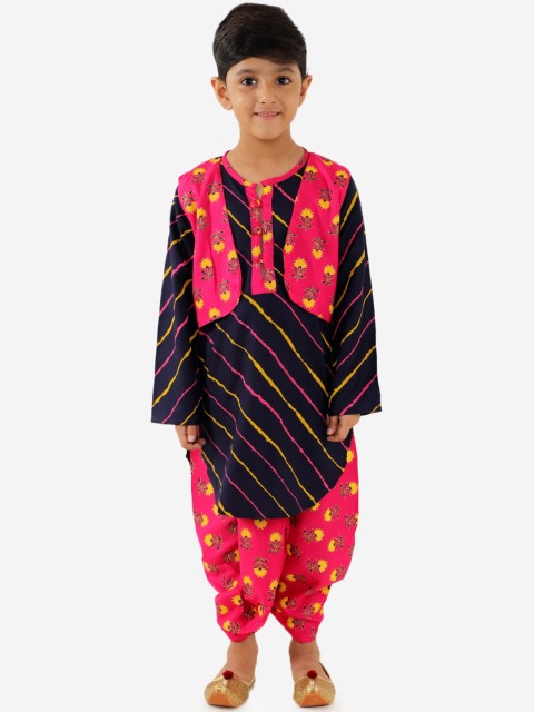 

KID1 Boys Pink & Navy Blue Printed Kurta with Dhoti Pants & Ethnic Jacket