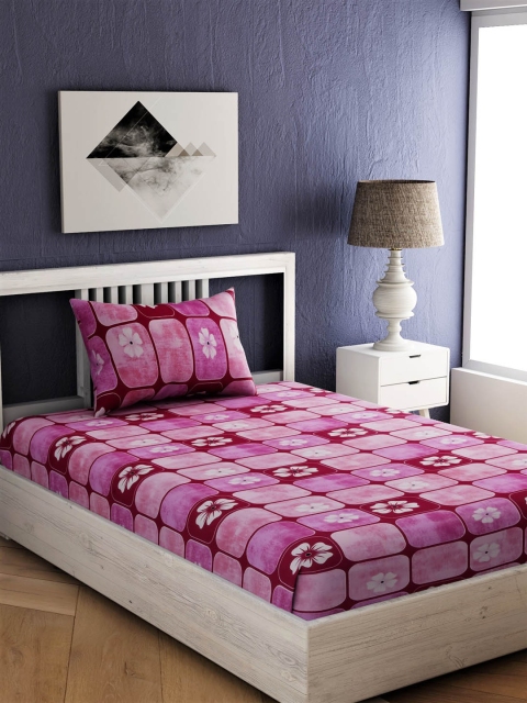 

EverHOME Pink Floral 144 TC Cotton 1 Single Bedsheet with 1 Pillow Covers
