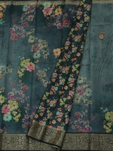 

Pothys Charcoal Grey & Pink Jute Silk Printed Saree