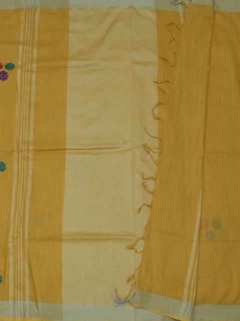

Pothys Yellow & Silver Linen Blend Embroidered Saree
