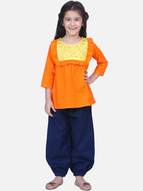 

BownBee Girls Orange Self Design Top with Pyjamas