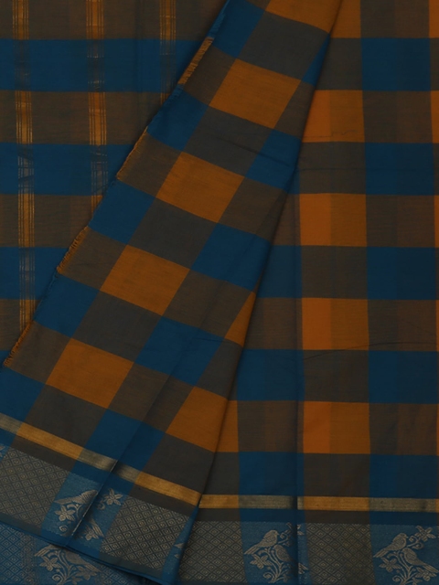 

Pothys Navy Blue & Orange Pure Cotton Checked Saree