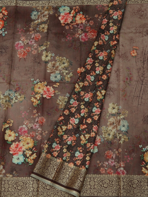 

Pothys Pink & Brown Jute Silk Printed Saree