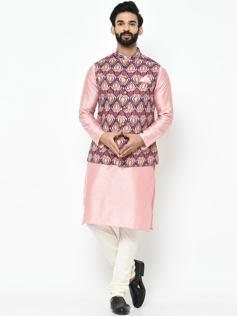 

KISAH Men Pink & Cream-Coloured Solid Kurta with Pyjamas & Nehru Jacket