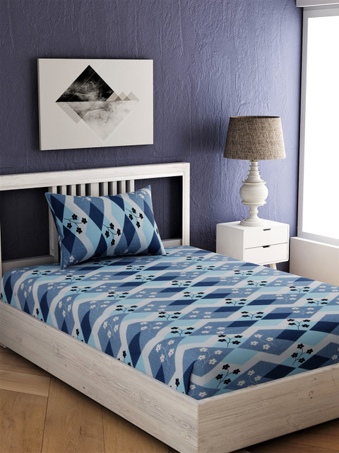 

EverHOME Blue & White Geometric 144 TC Cotton 1 Single Bedsheet with 1 Pillow Cover