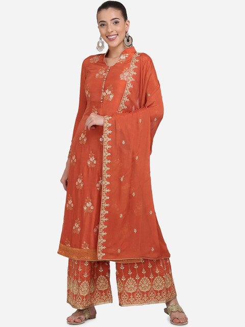 

Stylee LIFESTYLE Rust Brown & Gold-Coloured Art Silk Unstitched Dress Material