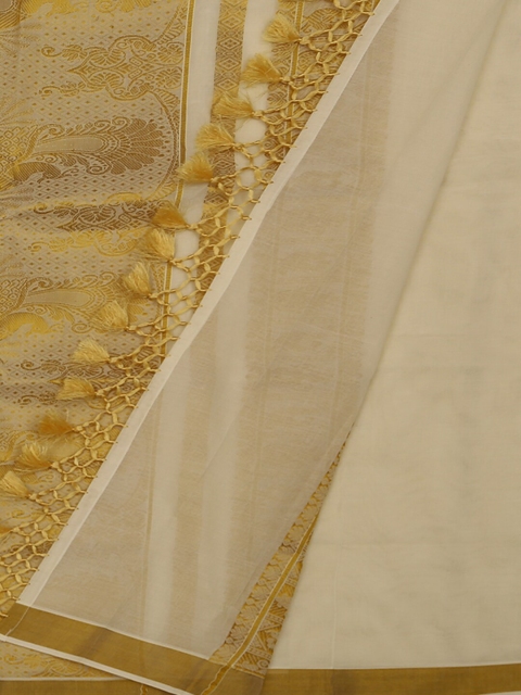 

Pothys Cream-Coloured & Mustard Yellow Pure Cotton Woven Design Saree