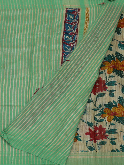 

Pothys Green & Cream-Coloured Jute Silk Striped Saree
