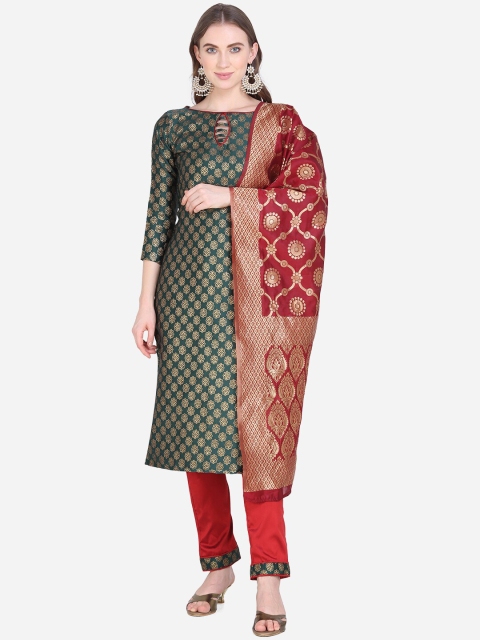 

SHAVYA Olive Green & Red Silk Blend Unstitched Dress Material