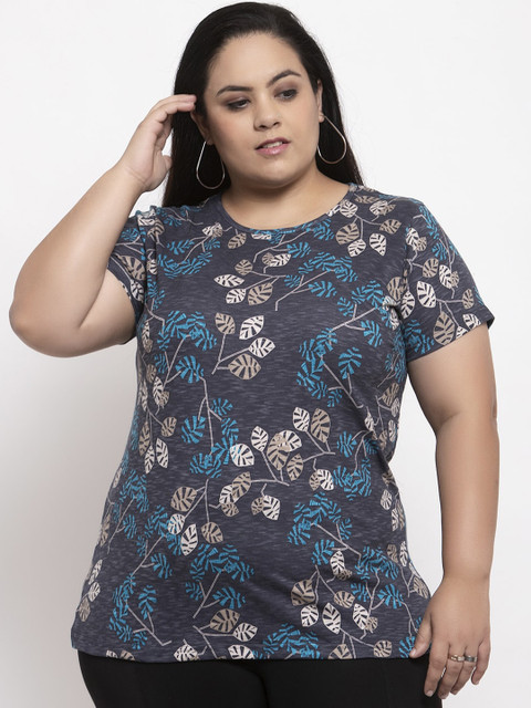 

plusS Women Grey Printed Round Neck T-shirt