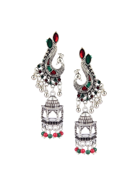 

DESI COLOUR Silver-Toned Peacock Shaped Chandbalis