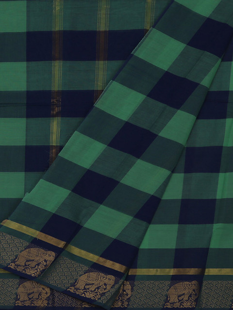 

Pothys Green & Navy Blue Pure Cotton Checked Saree
