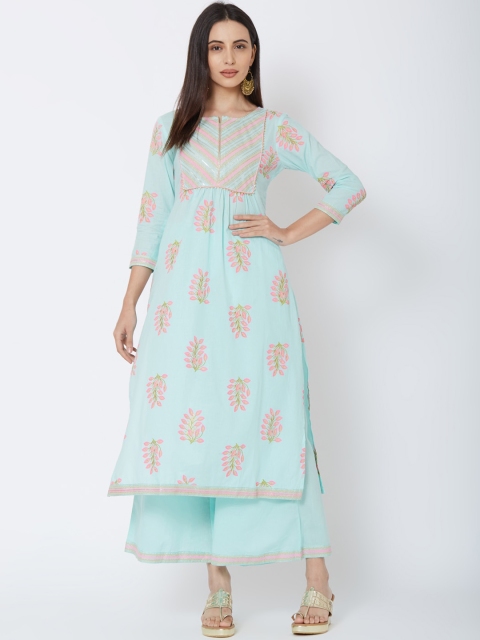 

FASHOR Women Turquoise Blue Printed Kurta with Palazzos