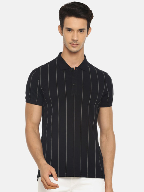 

Celio Men Black Grey Striped Polo Collar Pure Cotton T-shirt