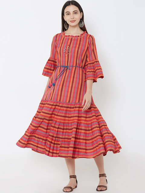 

FASHOR Women Multicoloured Striped A-Line Dress, Multi