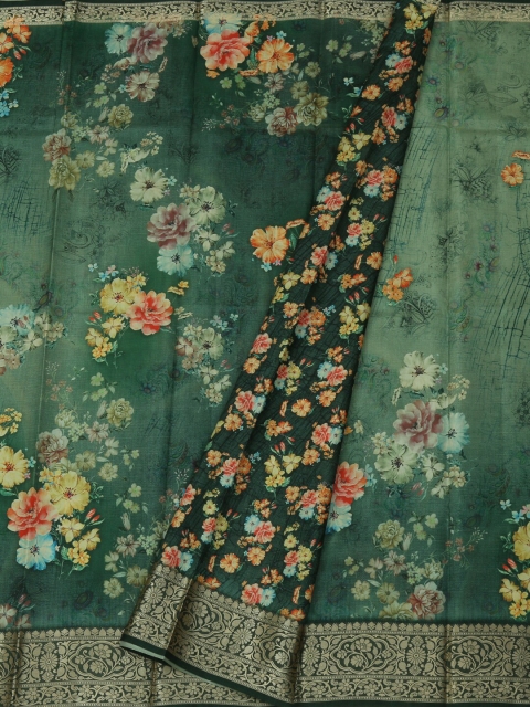 Pothys Green Printed Jute Silk Saree