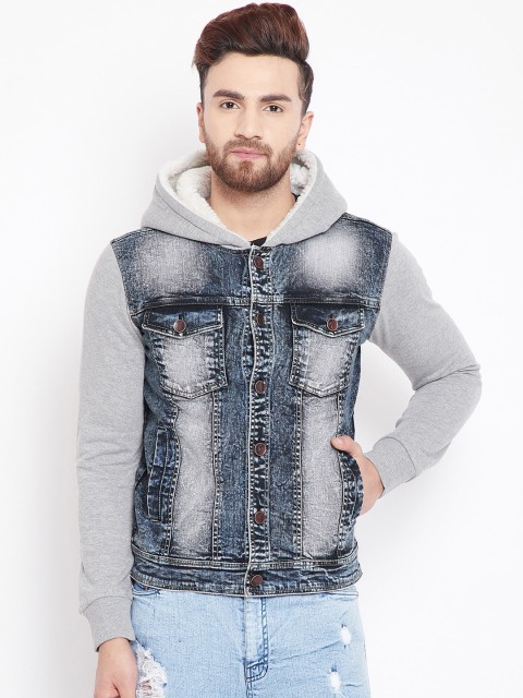 

FUGAZEE Men Grey Solid Denim Hooded Jacket