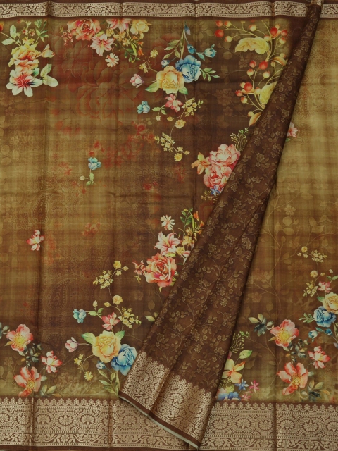 

Pothys Olive Green & Brown Jute Silk Printed Saree