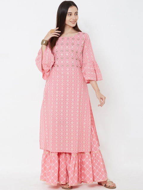 

FASHOR Women Pink Self Design Kurta with Sharara