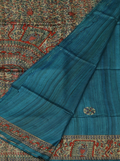 

Pothys Teal Blue Printed Jute Silk Saree