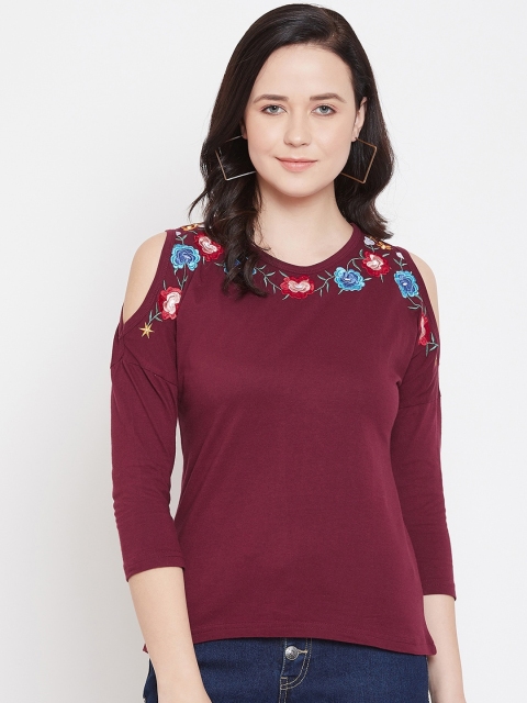 

Hypernation Women Maroon Solid Round Neck T-shirt