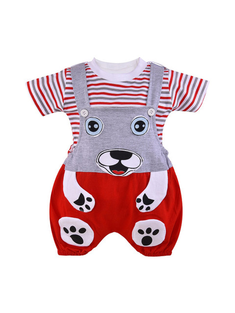 

Wish Karo Red & Grey Printed Dungarees With Striped T-Sshirt