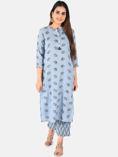 

Neerus Women Blue Printed Straight Kurta