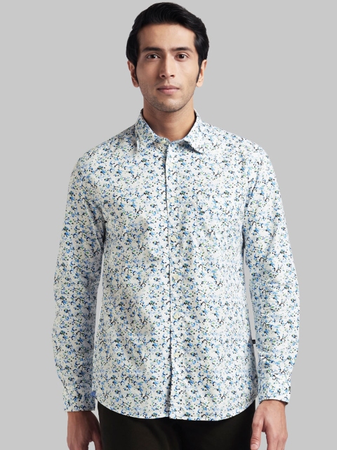 Parx Men Cream-Coloured & Blue Regular Fit Printed Casual Shirt