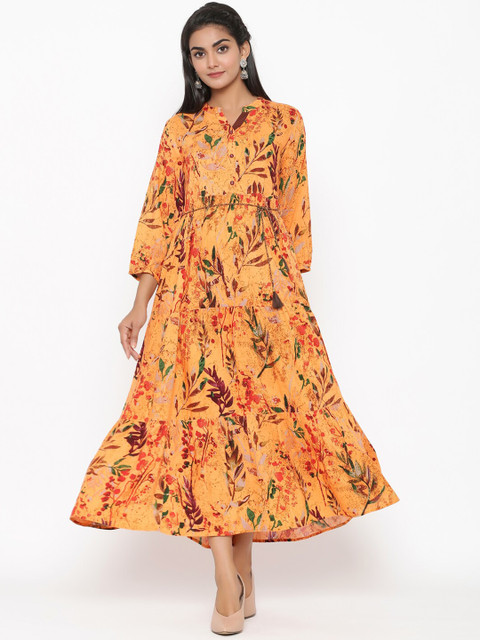 

RANGMAYEE Women Mustard Yellow Floral Printed Maxi Dress