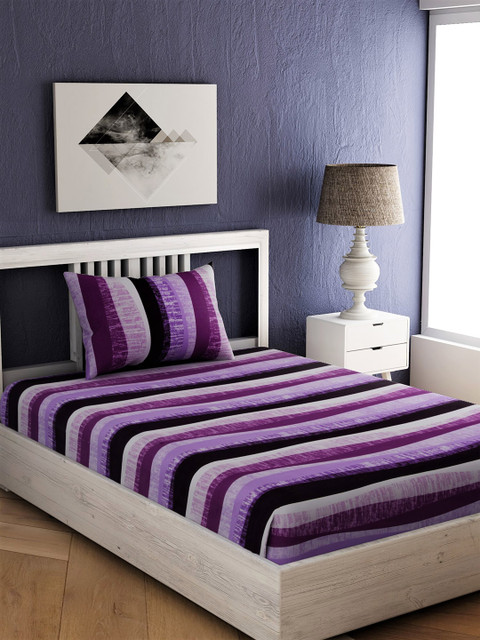 

EverHOME Multicoloured Striped 144 TC Cotton 1 Single Bedsheet with 1 Pillow Covers, Multi
