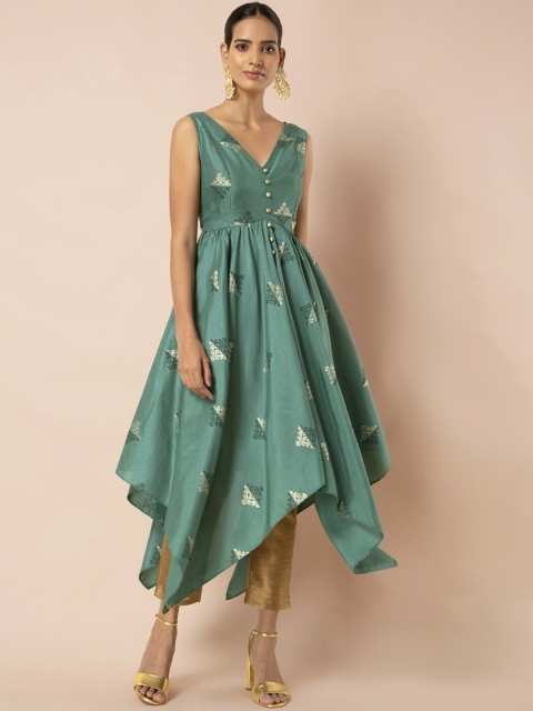 

INDYA Jade Foil Flared High Low Tunic, Green