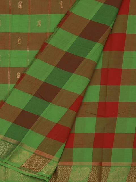 

Pothys Green & Orange Pure Cotton Checked Saree