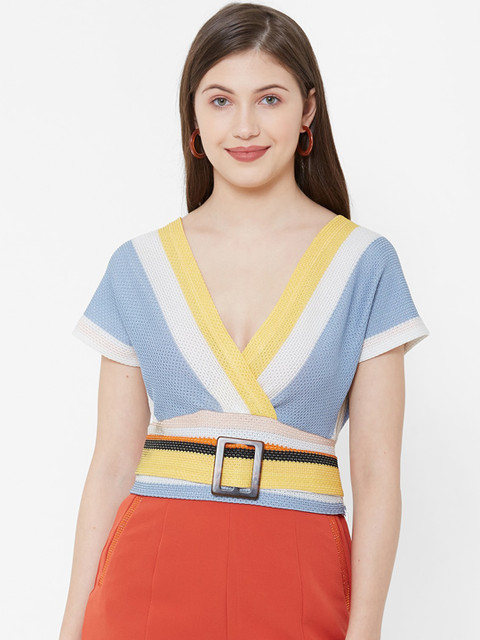 

bebe Women Yellow & Blue Striped Top