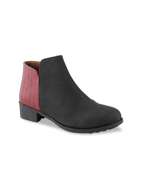 

Shoetopia Women Black & Maroon Colourblocked Heeled Boots