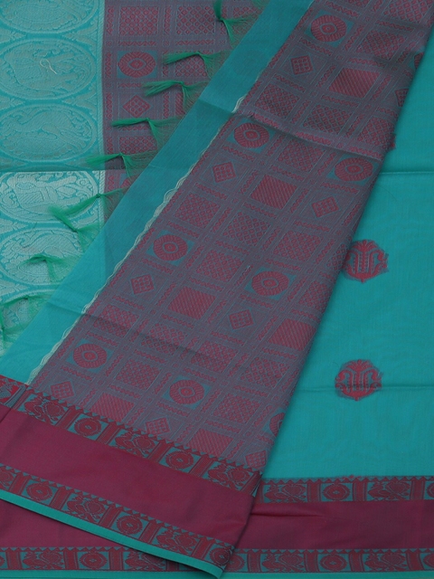 

Pothys Blue & Pink Silk Cotton Woven Design Saree