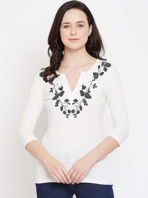 

Hypernation Women White Self Design Round Neck T-shirt