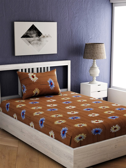 

EverHOME Brown Floral 144 TC Cotton 1 Single Bedsheet with 1 Pillow Covers