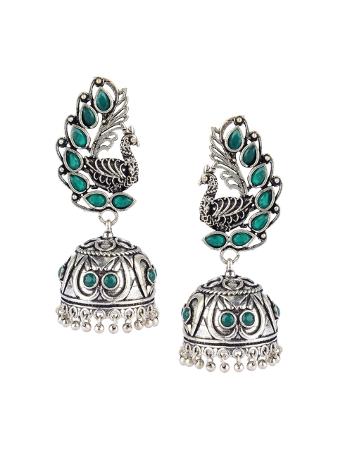 

DESI COLOUR Green & Silver-Toned Oxidised Dome Shaped Jhumkas