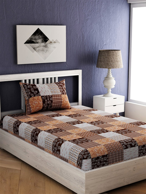 

EverHOME Beige & Brown Geometric 144 TC Cotton 1 Single Bedsheet with 1 Pillow Covers