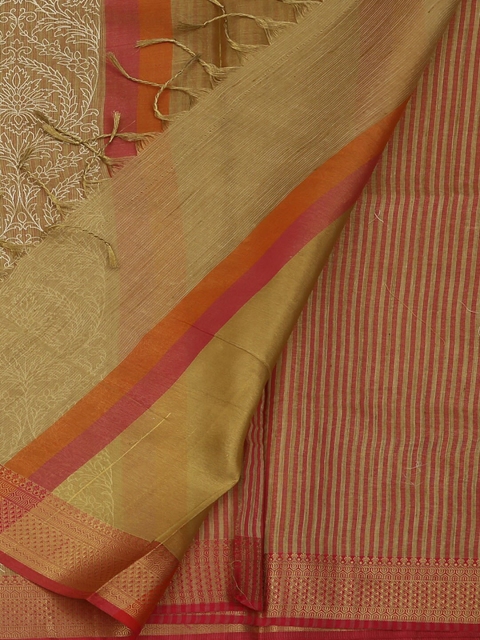 

Pothys Gold-Toned & Beige Art Silk Striped Saree