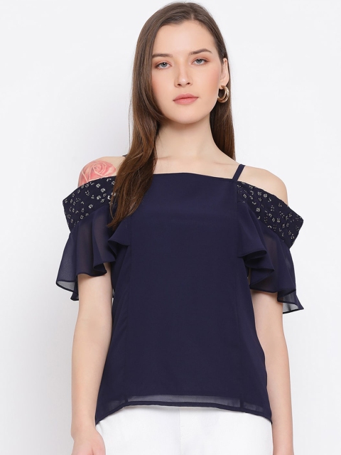 

ALL WAYS YOU Women Navy Blue Embellished Bardot Top