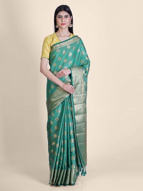 

Hastakala Green & Gold-Coloured Silk Blend Checked Banarasi Jamdani Handloom Saree