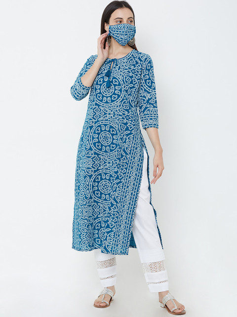 

FASHOR Women Blue Printed Straight Kurta