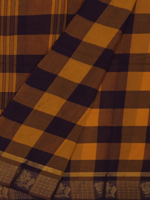 

Pothys Mustard Yellow & Black Pure Cotton Checked Saree