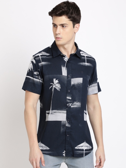 

TED HARBOR Men Navy Blue & Grey Slim Fit Printed Casual Shirt