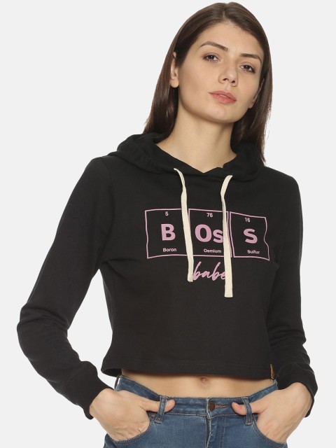 

Campus Sutra Women Black Printed Hooded Crop Sweatshirt