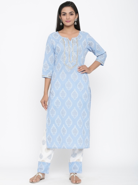 

WomenMagic Women Blue & White Printed Kurta with Palazzos