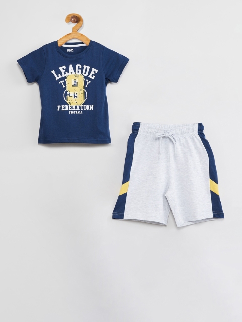 

max Boys Navy Blue & Grey Melange Printed Night suit