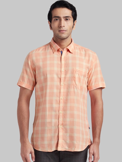 

Parx Men Orange & Cream-Coloured Regular Fit Checked Casual Shirt